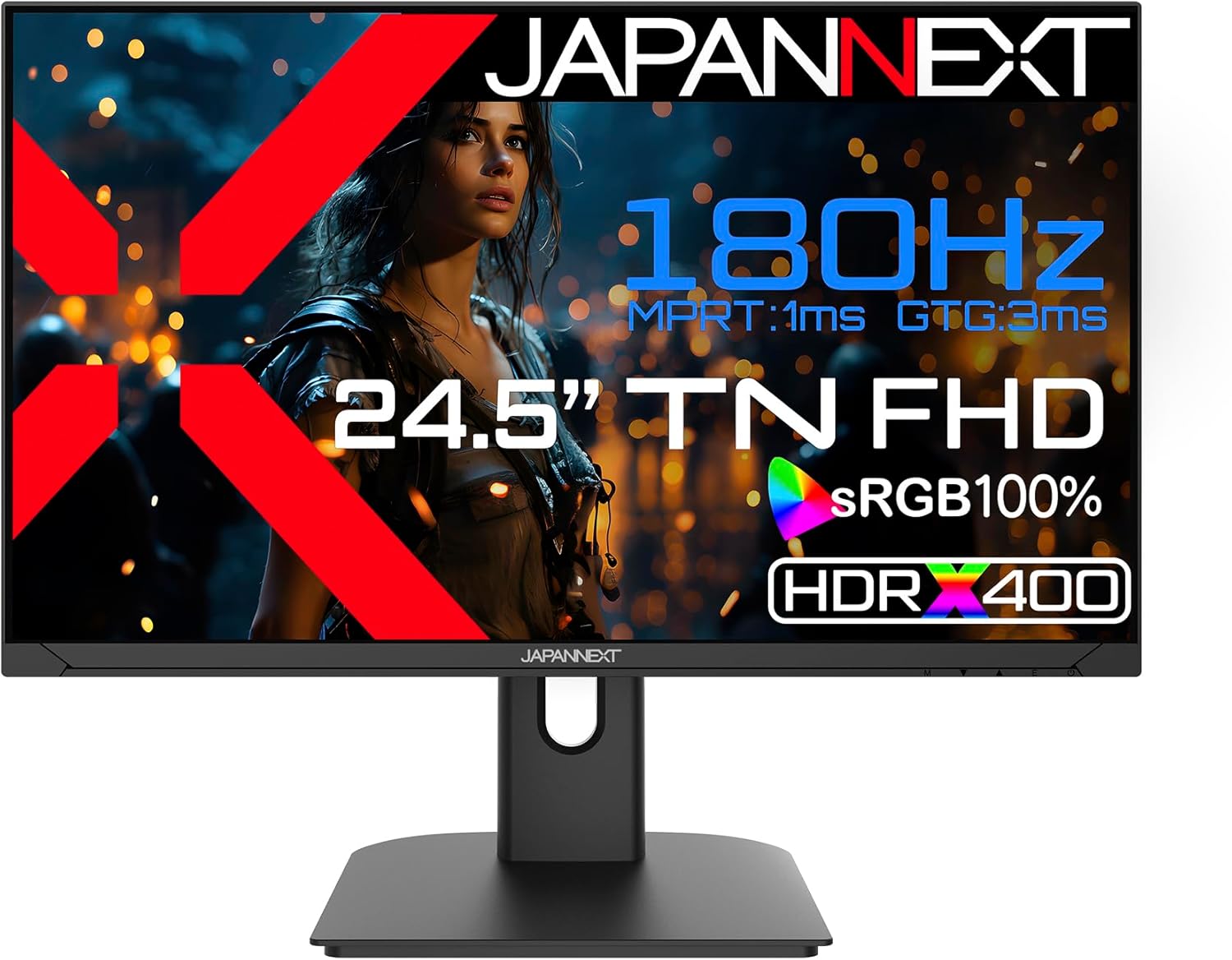 JAPANNEXT 24.5 inch TN Panel, Supports 180Hz, Full HD (1920 x 1080) Resolution, Gaming Monitor, JN-245GT180FHDR, HDMI DP HDR400 Equivalent, sRGB: 100% 1ms (MPRT)