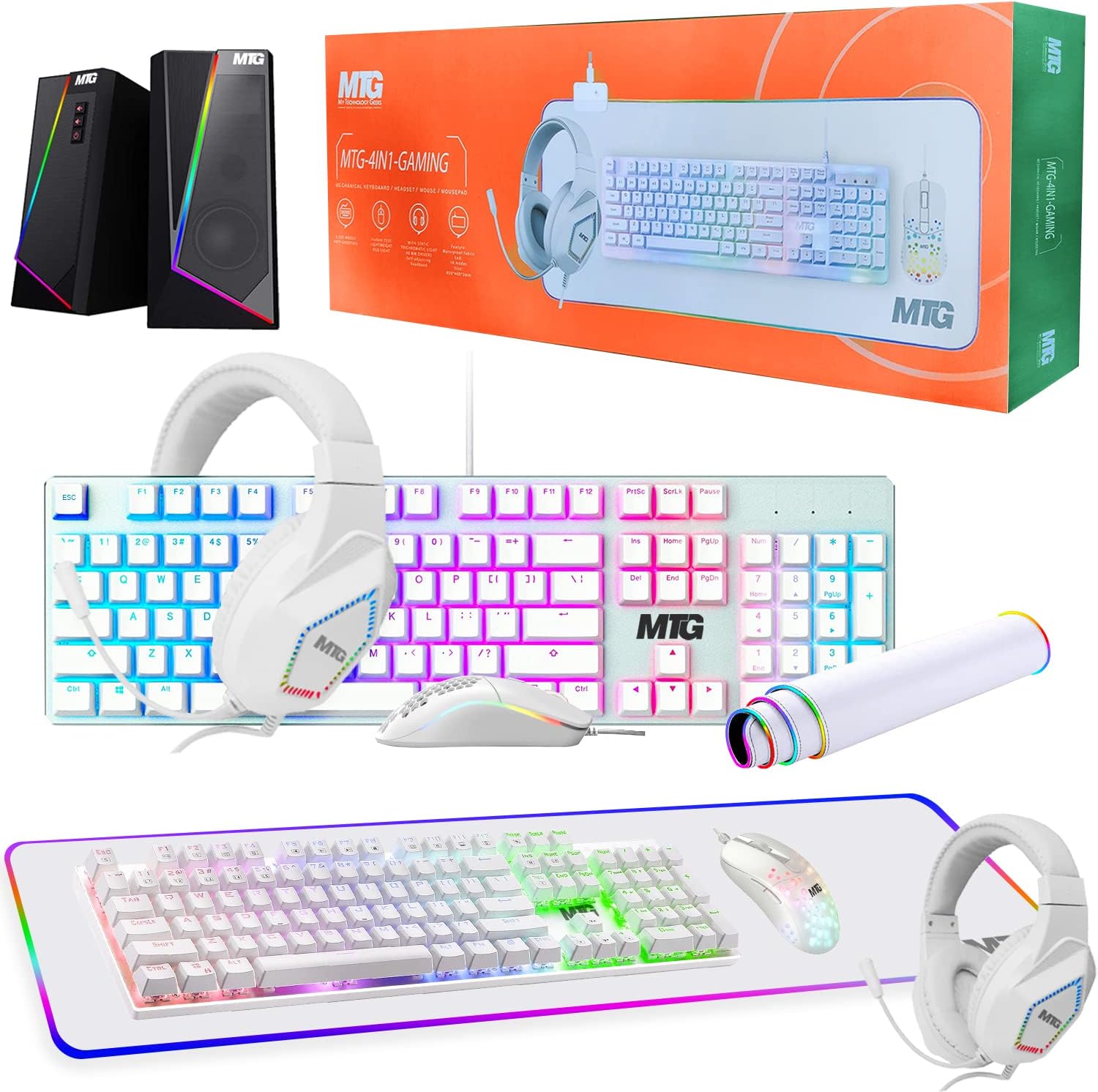 Gaming Kit for PC, RGB Keyboard and Mouse, Gaming Headphones, Large LED Desk Mat with Smooth Surface, Desktop Computer, Xbox and RGB Speaker for PS4 Gamers – MTG 4 in 1 Combo